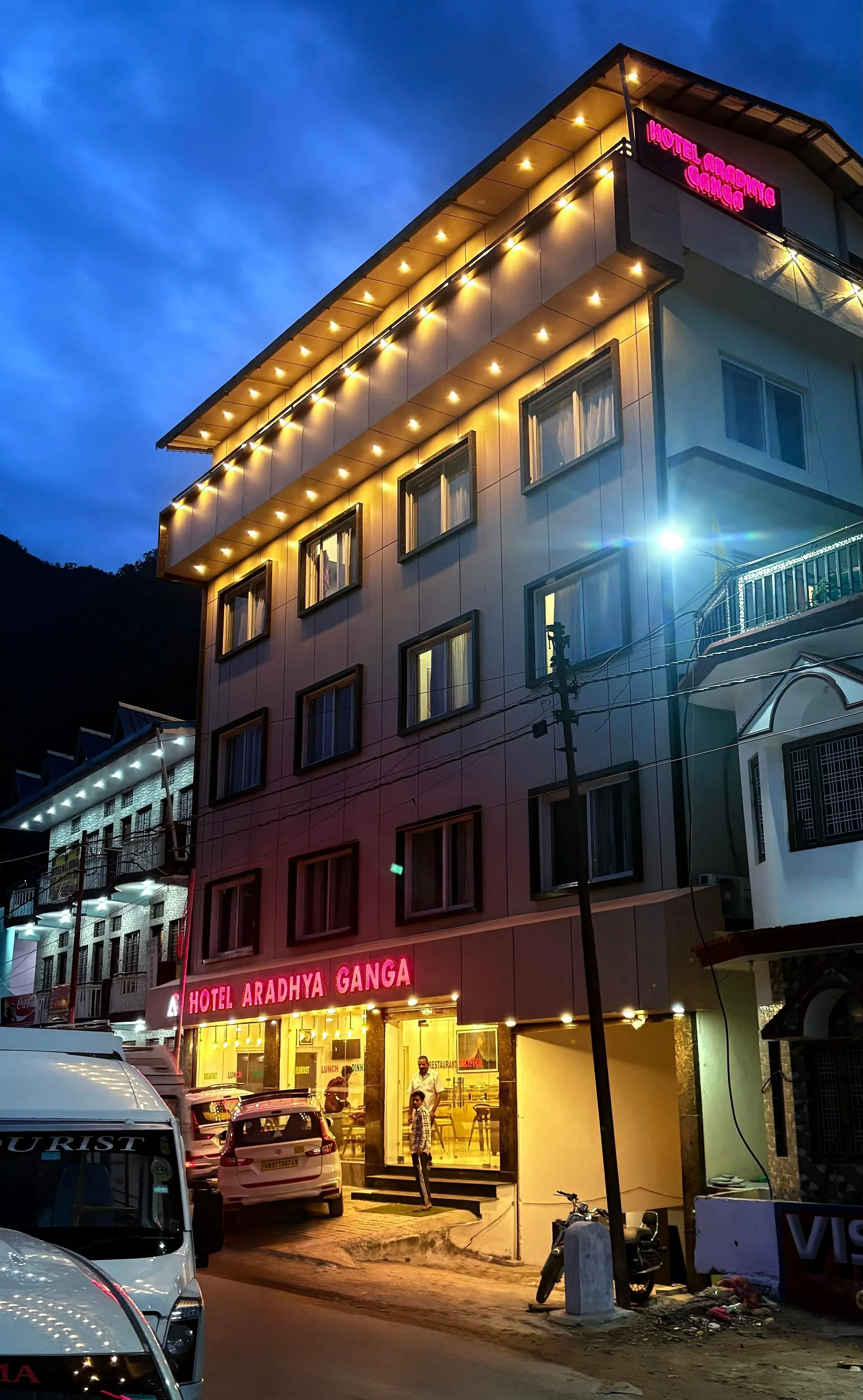 Hotel Aradhya Ganga Uttarkashi [Hotel Full View At Night]